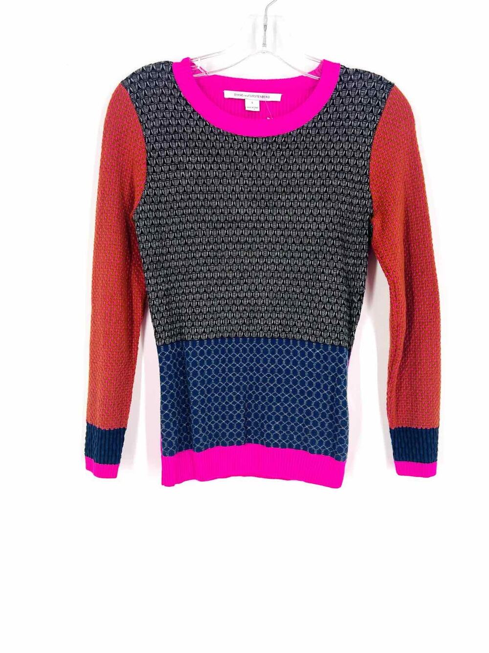 Diane Von Furstenberg Size S Gray/Multi Color Block Multi-Print Designer Sweater